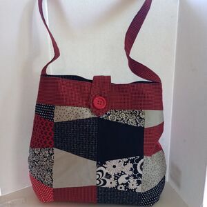 Boho Handcrafted Quilted Tote Shoulder Bag Patchwork Clean Red Black White Gray